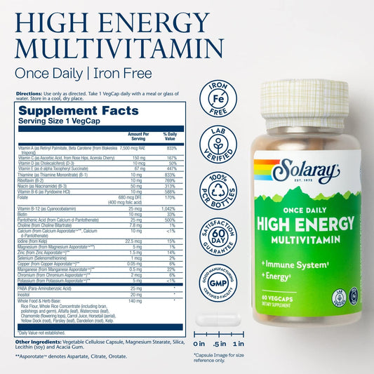 Solaray Once Daily High Energy Multivitamin, Iron Free, Immune System And Energy Support, Whole Food And Herb Base Ingredients, Men’S And Women’S Multi Vitamin, 60 Servings, 60 Vegcaps