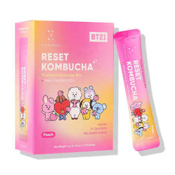 Everydaze Bt21 Reset Kombucha Tea Powdered Beverage Mix | 10 Sticks | Prebiotics + Probiotics | Vegan | No Added Sugar, Gluten Free, Sparkling Powder Drink Pack (Peach)