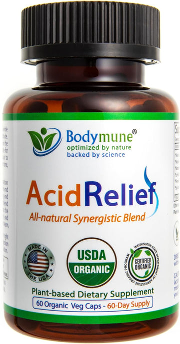 Bodymune Acidrelief All-Natural Usda Organic Acid Reducer, Acid Indigestion Relief, Heartburn Relief, Acid Relief Supplement - Unique Blend Vegan Non-Gmo Gluten-Free Usa Made - 60 Capsules
