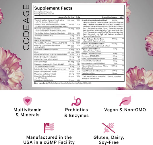 Codeage Women’S Daily Multivitamin, 25+ Vitamins & Minerals, Fermented, Organic Whole Foods, Probiotics Supplement - Vitamin A, Vitamin B, Vitamins C, D, E & K, Omega 3, Zinc – Vegan - 120 Capsules