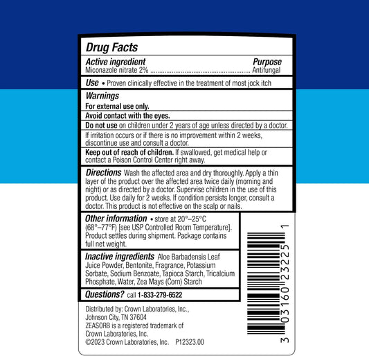 Zeasorb Super Absorbent Antifungal Treatment Powder For Jock Itch, Dermatologist Recommended, Attacks & Absorbs Moisture, Patented Odor Control Technology, With Bentonite Clay And Aloe, 2.5 Oz Bottle
