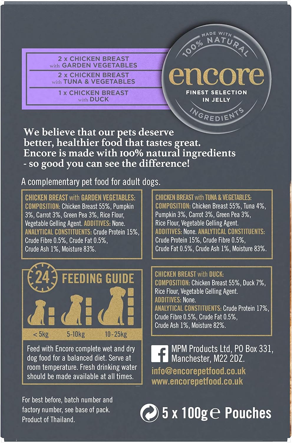 Encore Natural Wet Dog Food Pouches Finest Chicken Selection in Jelly, 5x100g Pouches :Pet Supplies