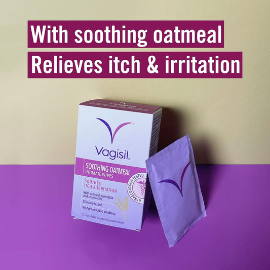 Vagisil Soothing Oatmeal Intimate Wipes To Soothe Itch & Irritation, Contains Tea Tree Oil, Gentle Enough For Daily Use,12 Individually Wrapped Wipes