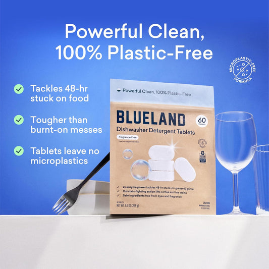 Blueland 100% Plastic-Free Dishwasher Detergent Tablets, Starter Set, 60 Count With Tin, Unscented Eco Friendly Dishwashing Pods, Natural, Sustainable