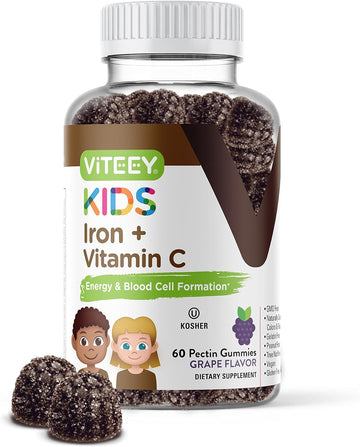Iron Gummies For Kids With Vitamin C - Supports Energy, Blood Cell Formulation, Blood Builder Anemia Kids Iron Supplements - Vegan, Gelatin Free, Gluten Free - Tasty Chewable Grape Flavored Gummy