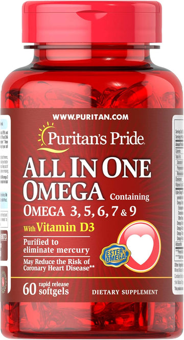 Puritan's Pride All in One Omega 3, 5, 6, 7 and 9 with Vitamin D3, 60 Count(Pack of 1)
