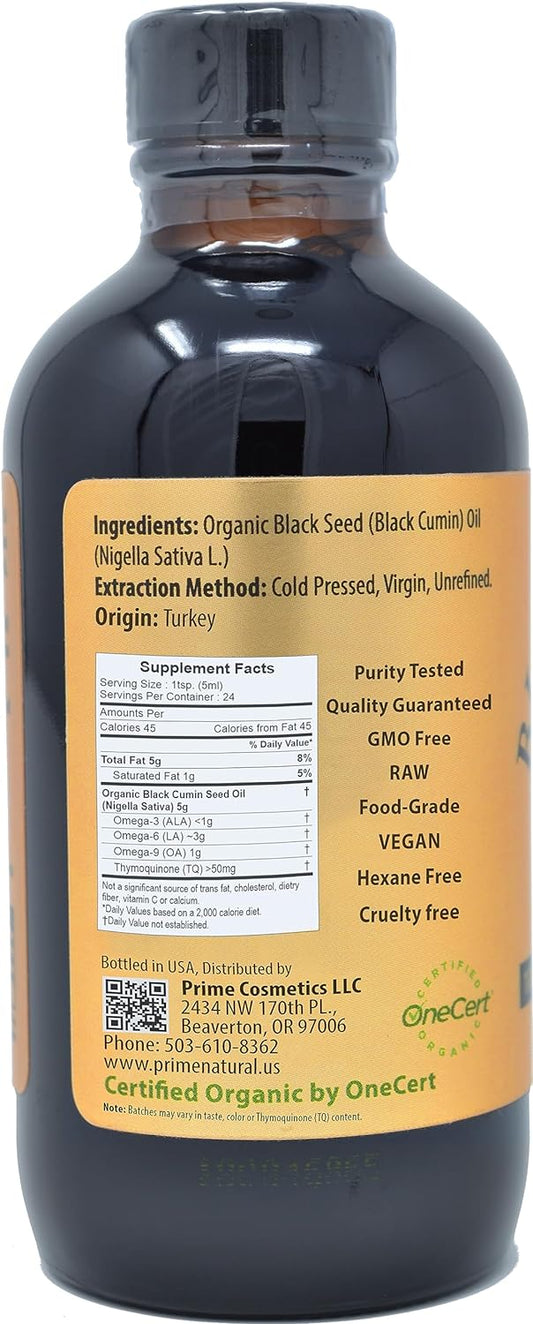 Organic Black Seed Oil 4Oz - Cold Pressed Unrefined High Thymoquinone 1.7% Usda Certified - Turkish Origin Potent Nigella Sativa Liquid - Vegan Omega 3 6 9, Antioxidant Immune Boost Joints Skin Hair