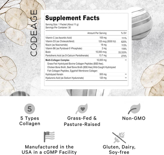 Codeage Multi Collagen And Biotin 10,000 Mcg + Vitamin C, B6 & D3, Keratin, Hyaluronic Acid, Niacin, 18 Amino Acids - Stick Packs Supplement - 5 Types Collagen Protein – 30 Powder Packets