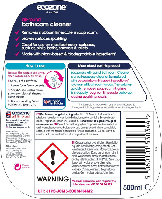 Ecozone 3-In-1 Bathroom Cleaner, 500Ml, Removes Stubborn Limescale, Leaves Showers Sparkling