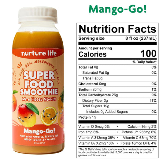 Nurture Life Superfood Smoothies, Healthy Toddler Snacks To-Go W/Hidden Fruits & Veggies, Fruit Smoothie For Kids, Drink For Children, Organic Ingredients, No Sugar Added, 12 Bottles, Mango-Go Flavor