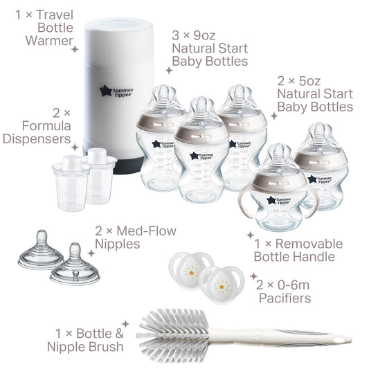 Tommee Tippee Natural Start Ready For Baby Bpa Free Bottle 14 Piece Set, 2 X 5Oz And 3 X 9Oz Anti-Colic Bottles, Slow And Medium Flow Nipples, 0-6 Month Pacifiers, Clear