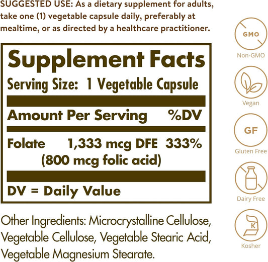 Solgar Folate 1,333 Mcg Dietary Folate Equivalent (800 Mcg Folic Acid), 100 Vegetable Capsules - Heart Health, Healthy Nervous System, Prenatal Support - Non-Gmo, Vegan, Gluten Free - 100 Servings