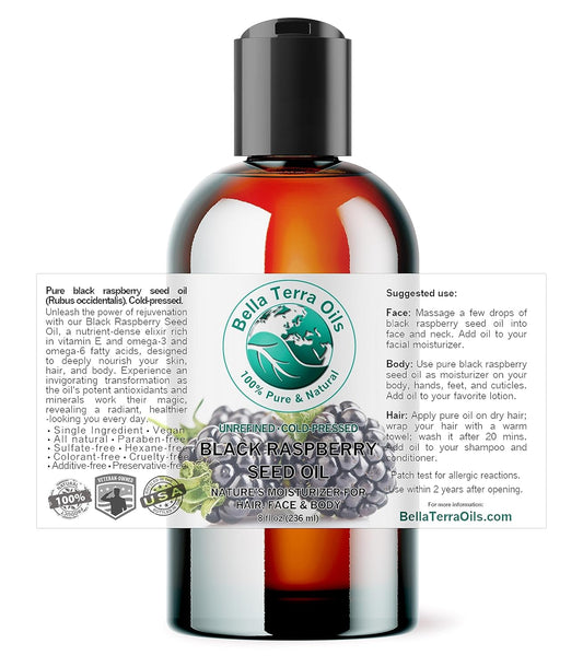 Bella Terra Oils - Black Raspberry Seed Oil 8 oz - Natural Elixir Enhanced with Ellagic Acid & Vitamin A, Cold-Pressed Cosmetic Secret for Radiant Skin