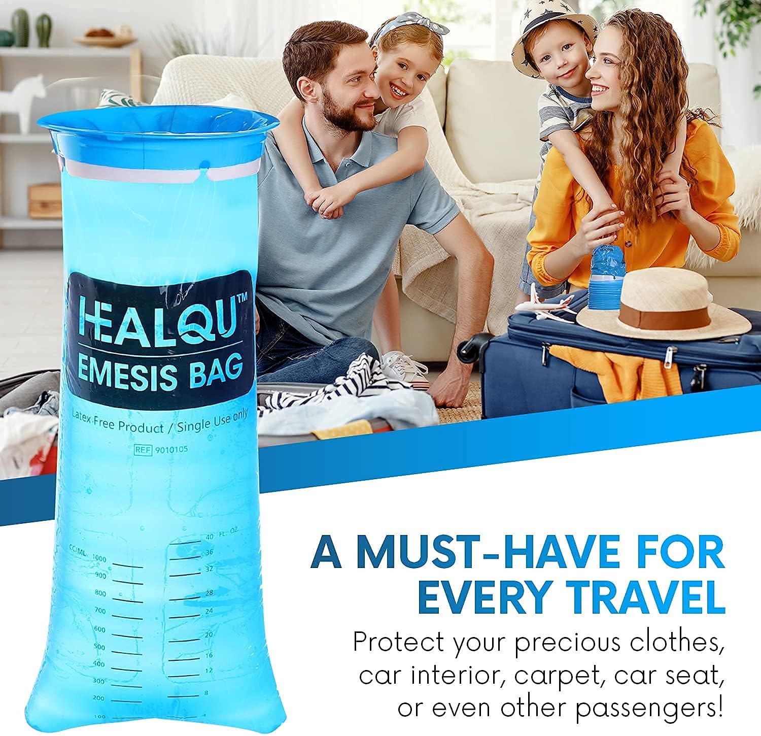 Healqu Hospital Vomit Bags - 12 Pack 1000Ml Car Throw Up Bag - For Airsick Travel & Motion Sickness - Leak Resistant Puke Bag - Disposable Barf Bags Throw Up, Nausea