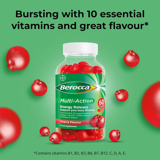 Berocca Multi-Action Multivitamin Gummies - Including Vitamin D, C, A, B-Complex (B1, B2, B3, B6, B7 & B12), E - Supplement For Women, Men And Kids - 60 Gummies - Cherry Flavour