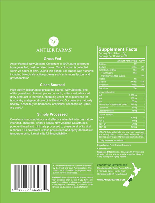 Antler Farms 100% Pure New Zealand Colostrum, 30 Servings, 1 Lb - Grass Fed, Pasture Raised, Clean Sourced, Cold Processed, Undiluted, High Igg Content