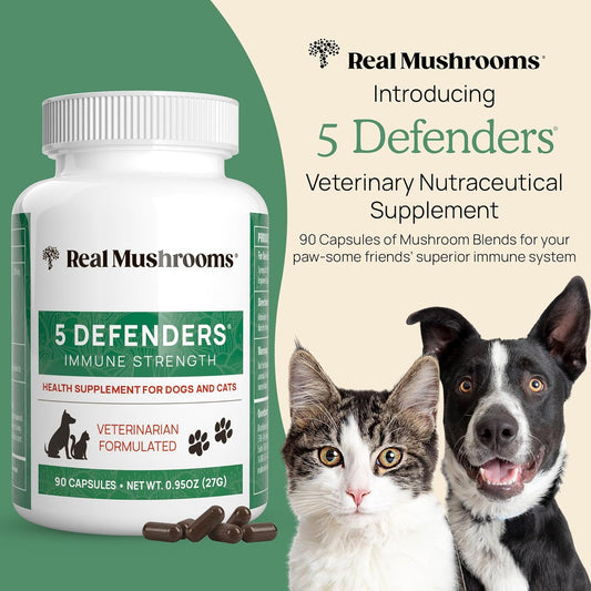 5 Defenders Mushroom Supplements For Cat Dog Vitamins Health Support With Chaga, Shiitake, Reishi Turkey Tail - Vet-Approved Powder Capsules 90Ct