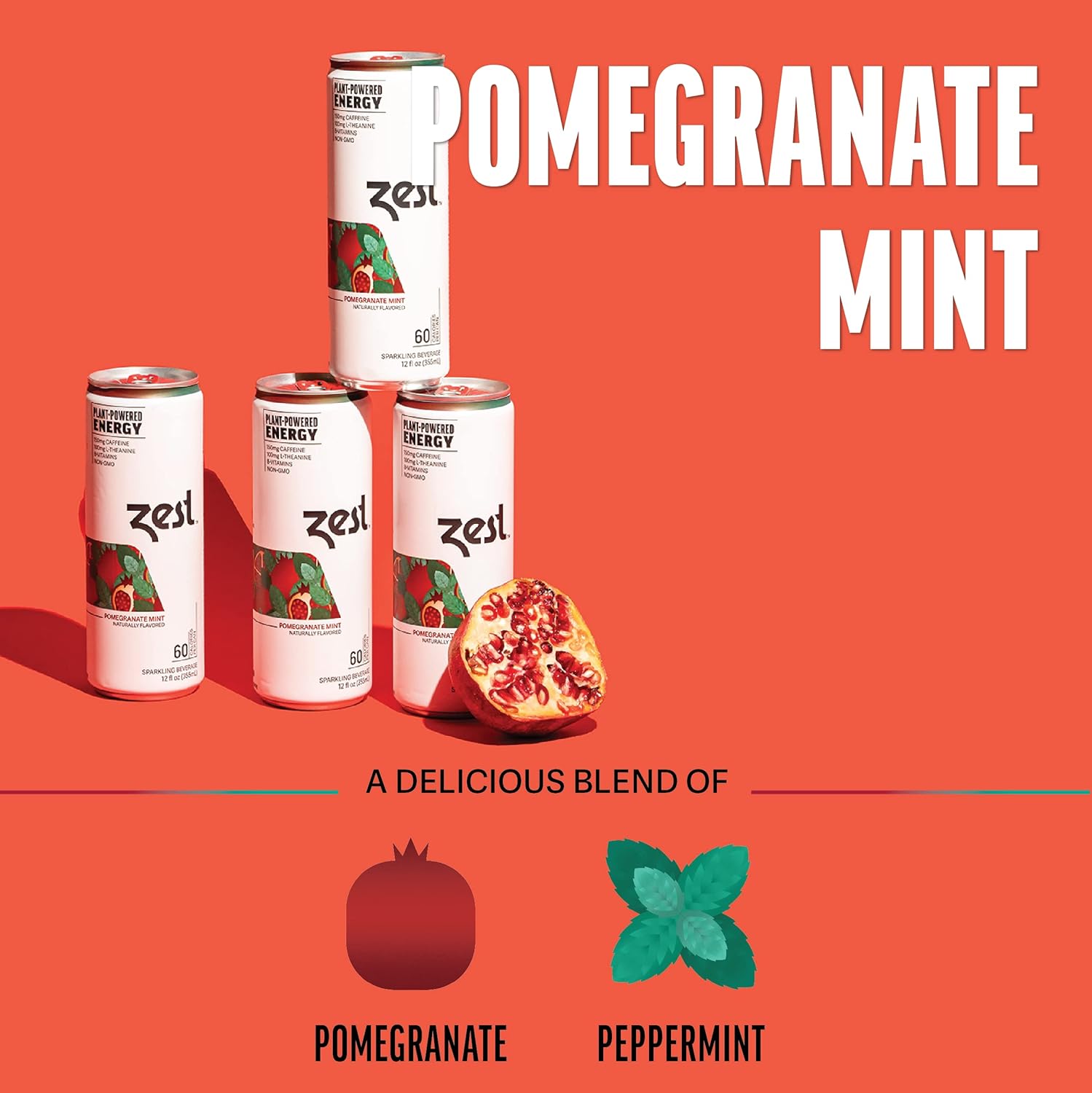 Zest Plant Powered Natural Energy Sparkling Drink - Pomegranate Mint - 150Mg Caffeine + 100 Mg L-Theanine - 12Oz Can 12 Pack - Low Sugar, 60 Cals, Healthy Coffee Substitute, Non Gmo High Caff Blend