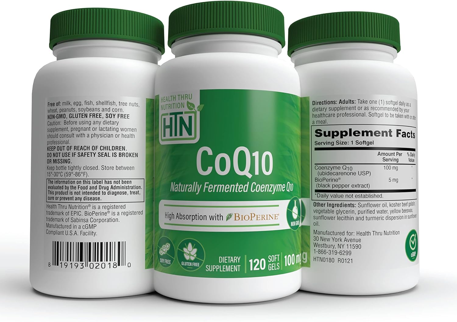 Health Thru Nutrition CoQ-10 100mg with BioPerine | High Absorption Naturally Fermented USP Grade Coenzyme Q10 | 3rd Party Tested | Heart Health and Energy Support | Non-GMO (Pack of 120)