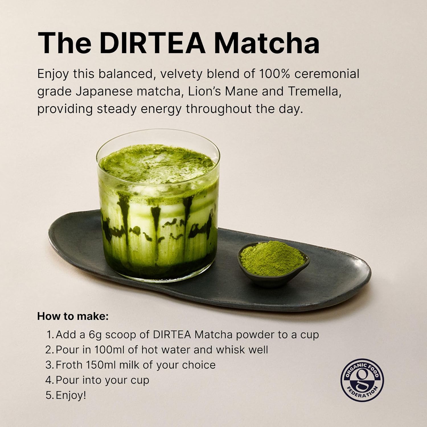 DIRTEA Matcha Powder - 100% Organic Ceremonial Grade Matcha from Japan - Mushrooms Super Blend Tea with Lions Mane & Tremella - 2,500mg per Serving - Vegan & Non GMO - 180g - 30 Servings : Amazon.co.uk: Health & Personal Care