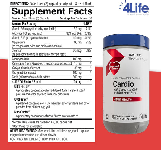 4Life Transfer Factor Cardio - Targeted System Support Dietary Supplement With Ginkgo Biloba, Garlic, Red Yeast Rice, And Resveratrol - 90 Capsules