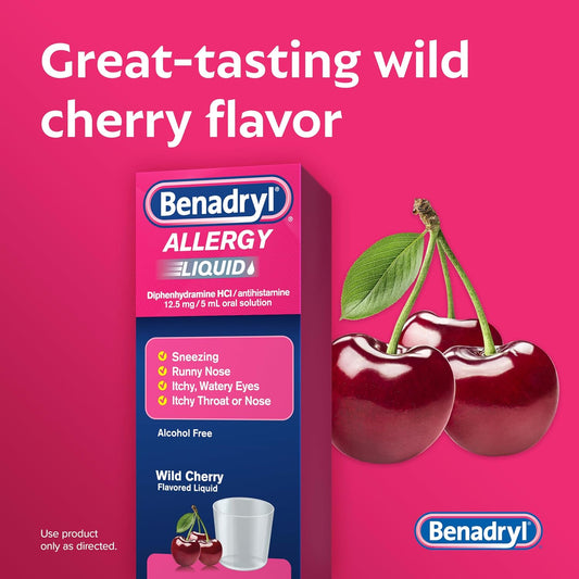 Benadryl Allergy Relief Liquid Medicine, Allergy Liquid For Adults With Diphenhydramine Hcl Antihistamine For Relief For Symptoms Due To Hay Fever, Alcohol-Free, Wild Cherry, 4 Fl. Oz