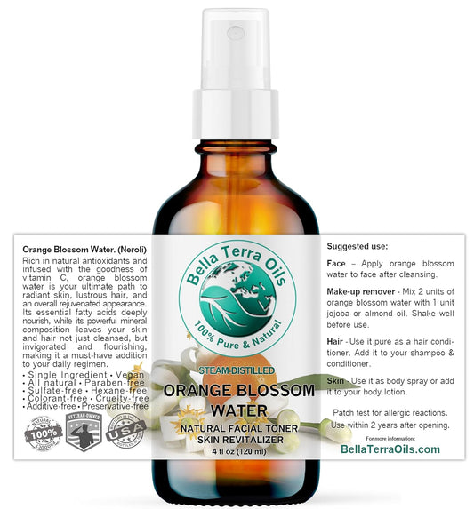 Bella Terra Oils - Organic Neroli Water 4 oz - Extracted from Citrus Aurantium Blossoms, Brimming with Potent Antioxidants, Ideal Skin Quencher & Toner