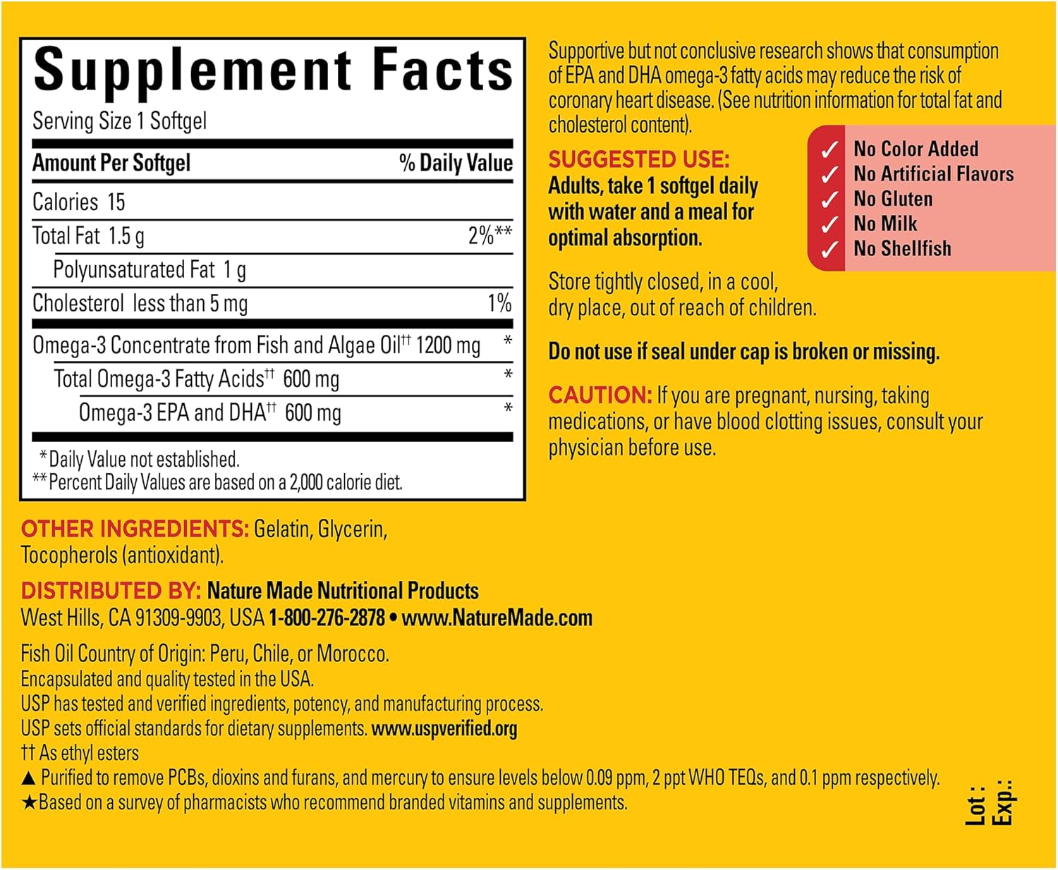 Nature Made Omega 3 Fish Oil And Algae Oil Supplements, 1200Mg, Omega 3 Supplement For Heart, Brain And Eyes Support, One Per Day, 60 Softgels : Health & Household