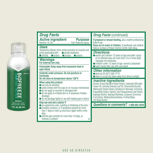 Biofreeze Menthol Spray 3 Fl Oz Colorless Aerosol Spray Associated With Sore Muscles, Arthritis, Simple Backaches, And Joint Pain (Packaging May Vary) (1)