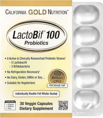 California Gold Nutrition Lactobif Probiotics, 100 Bllion Cfu, 8 Active & Clinically Researched Probiotic Strains, Sugar-Free, Vegetarian, Individually Double-Foil Blister Sealed, 30 Veggie Capsules