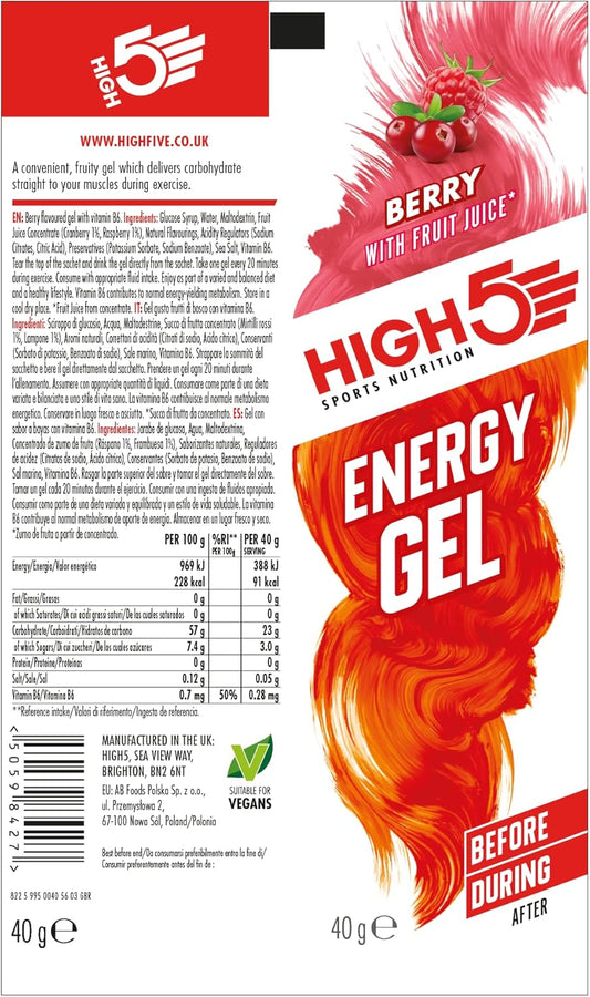 High5 Energy Gel Pouches - Carb Gels Running Accessories For Endurance Fuel - Natural Fruit Juice & Caffeine-Free Vegan Energy Gel - Glucose Shot To Boost Sports Performance (Berry, 6 X 40G)