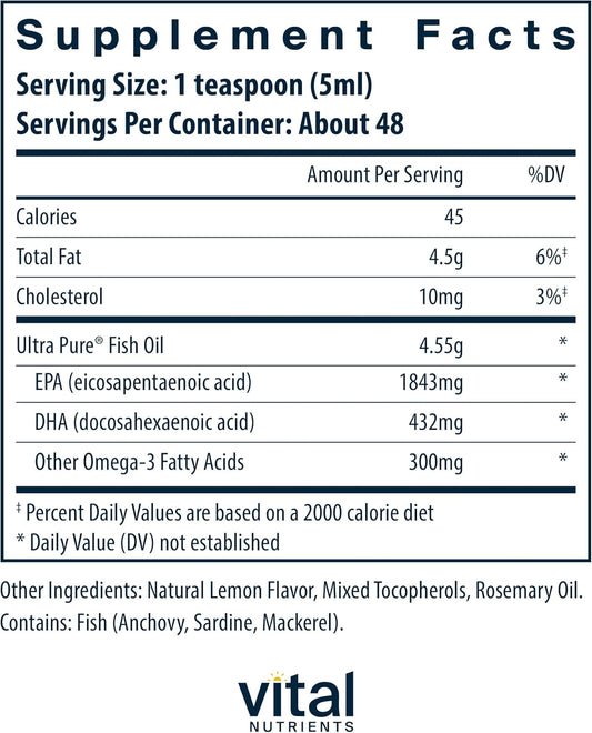 Vital Nutrients - Ultra Pure Fish Oil 2600 (Pharmaceutical Grade) - Hi-Potency Deep Sea Liquid Fish Oil, Cardiovascular Support, Natural Lemon Flavor - 8 Fl Oz Per Bottle