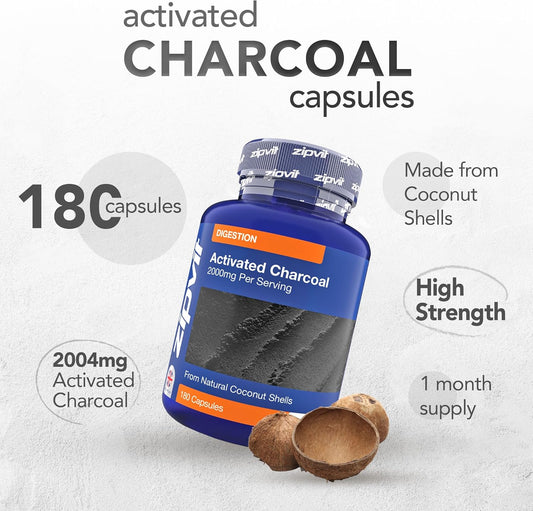 Zipvit Activated Charcoal Capsules 2000Mg, Charcoal Tablets Alternative, Digestion Support Supplement, Helps Reduce Excessive Flatulence After Eating, 180 Vegan Capsules