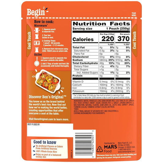Ben'S Original Ready Rice Chicken Flavored Whole Grain Brown Rice, Easy Flavored Rice Dinner Side, 8.8 Oz Pouch (Pack Of 12)