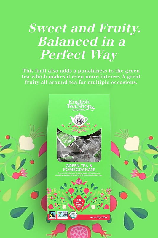 English Tea Shop Organic Green Tea & Pomegranate Tea (15 Pyramids), 30 G