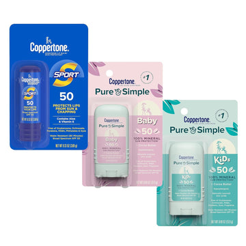 Coppertone Sunscreen Pack, Sport Spf 50 Sunscreen Lip Balm, 0.13 Oz Tube + Pure And Simple Baby Sunscreen Stick Spf 50, 0.49 Oz + Pure And Simple Kids Sunscreen Stick Spf 50, 0.49 Oz