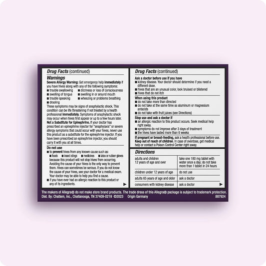 Allegra Hives Antihistamine 24-Hour Tablets, Non-Drowsy Hive Reduction And Hive Itch Relief, 180 Mg Fexofenadine Hci, 30-Count