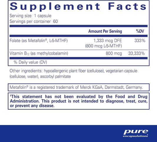 Pure Encapsulations B12 Folate - Energy Supplement To Support Nerves, Energy Metabolism & Cognitive Support* - With Vitamin B Folate As Metafolin