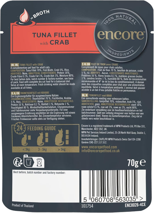 Encore 100% Natural Wet Cat Food Pouch, Succulent Tuna With Pacific Crab In Broth 70G Pouch (16 X 70G Pouches)Enc8026-1En