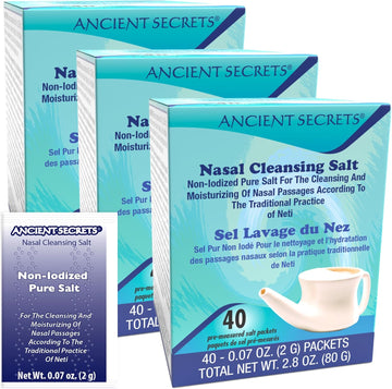 Ancient Secrets Nasal Cleansing Salt, Non-Iodized, 3-Pack β Usp-Grade Sodium Chloride, 40 Pre-Measured Packets Per Box For Any Neti Pot, Sinus Irrigation System + Bonus Pack