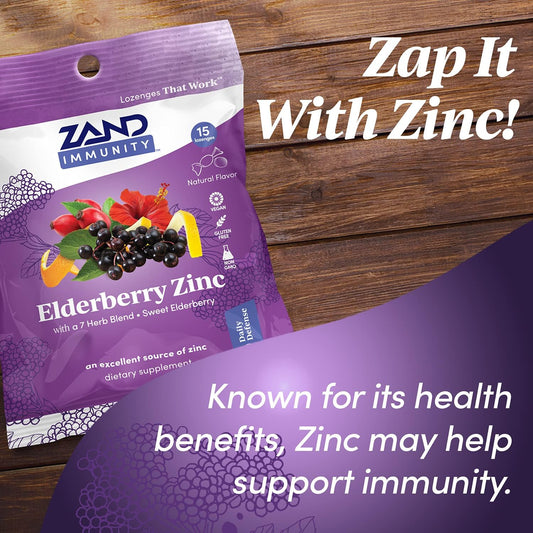 Zand Herbalozenge Elderberry Zinc | Good-For-You Lozenges For Dry Throats | No Corn Syrup, No Cane Sugar, No Colors | 1 Bag, 15 Lozenges