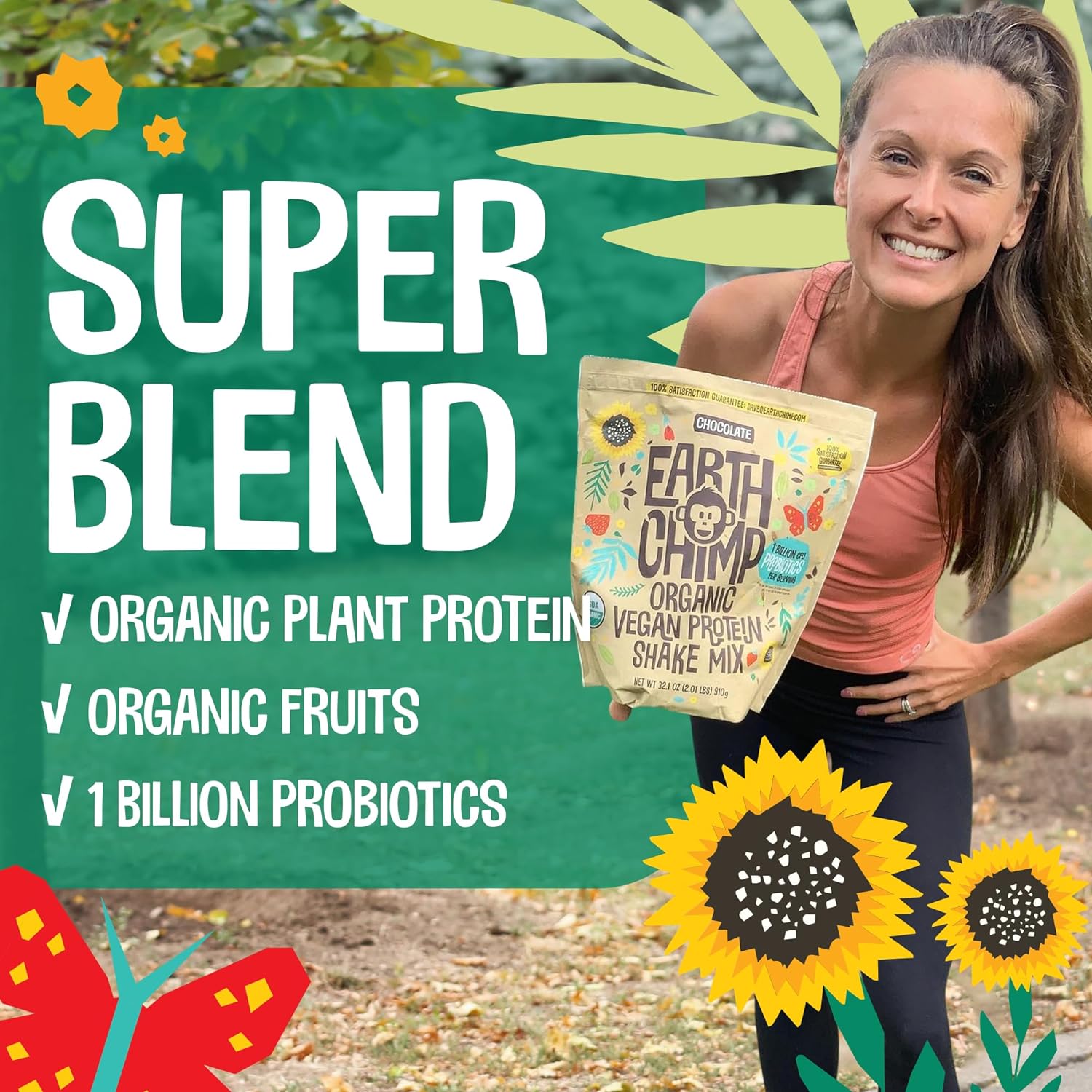 EarthChimp Organic Vegan Protein Powder - with Probiotics - Non GMO, Dairy Free, Non Whey, Plant Based Protein Powder for Women and Men, Gluten Free - 26 Servings 32 Oz (Plain & Unsweetened) No Scoop : Health & Household