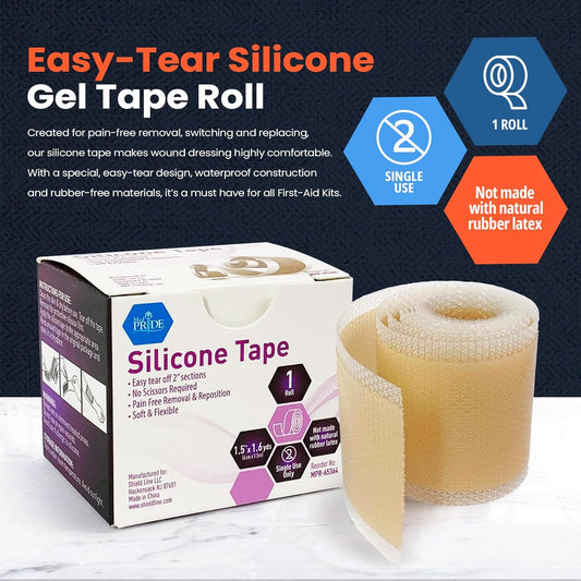 Med Pride Medical-Grade Silicone Wound And Scar Tape Roll 1.5 In X 1.6 Yards, Pain-Free Removal, Easy-Tear, Waterproof, Latex-Free