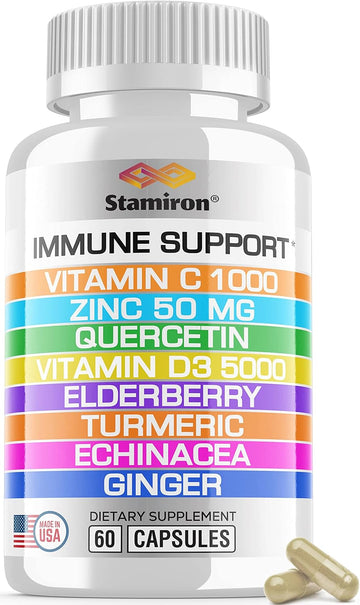 8 In 1 Immune Support With Quercetin Zinc 50Mg Vitamin C 1000Mg Vitamin D3 5000 Iu And Elderberry Echinacea Ginger For Adults Kids - Vit D Immunity Defense Booster Supplement Veg Capsules Made In Usa