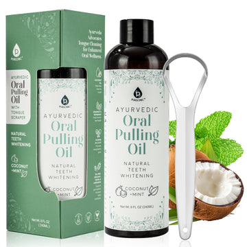 Pursonic Mint & Coconut Oil Pulling For Teeth With Tongue Scraper - 8Oz Ayurvedic Pulling Oil For Teeth And Gums Strengthening & Plaque, Decay Prevention - Coconut Oil For Teeth Whitening & Oral Care