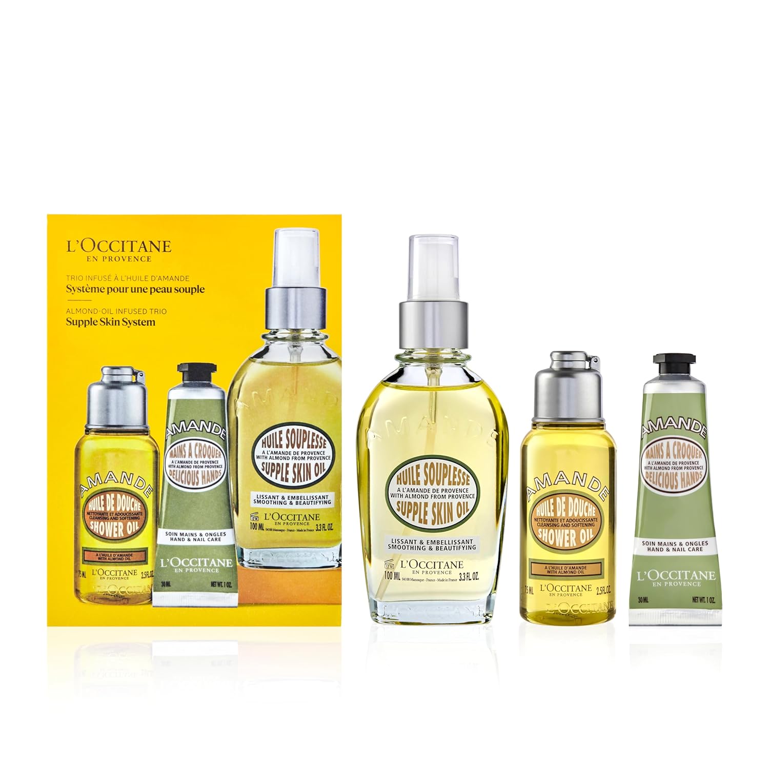 L'Occitane Supple Skin System: Hydrate & Soften, Almond Oil Infused Trio Featuring Almond Supple Skin Oil, Almond Shower Oil, And Almond Delicious Hand & Nail Care Lotion, Bath And Body Gift Set
