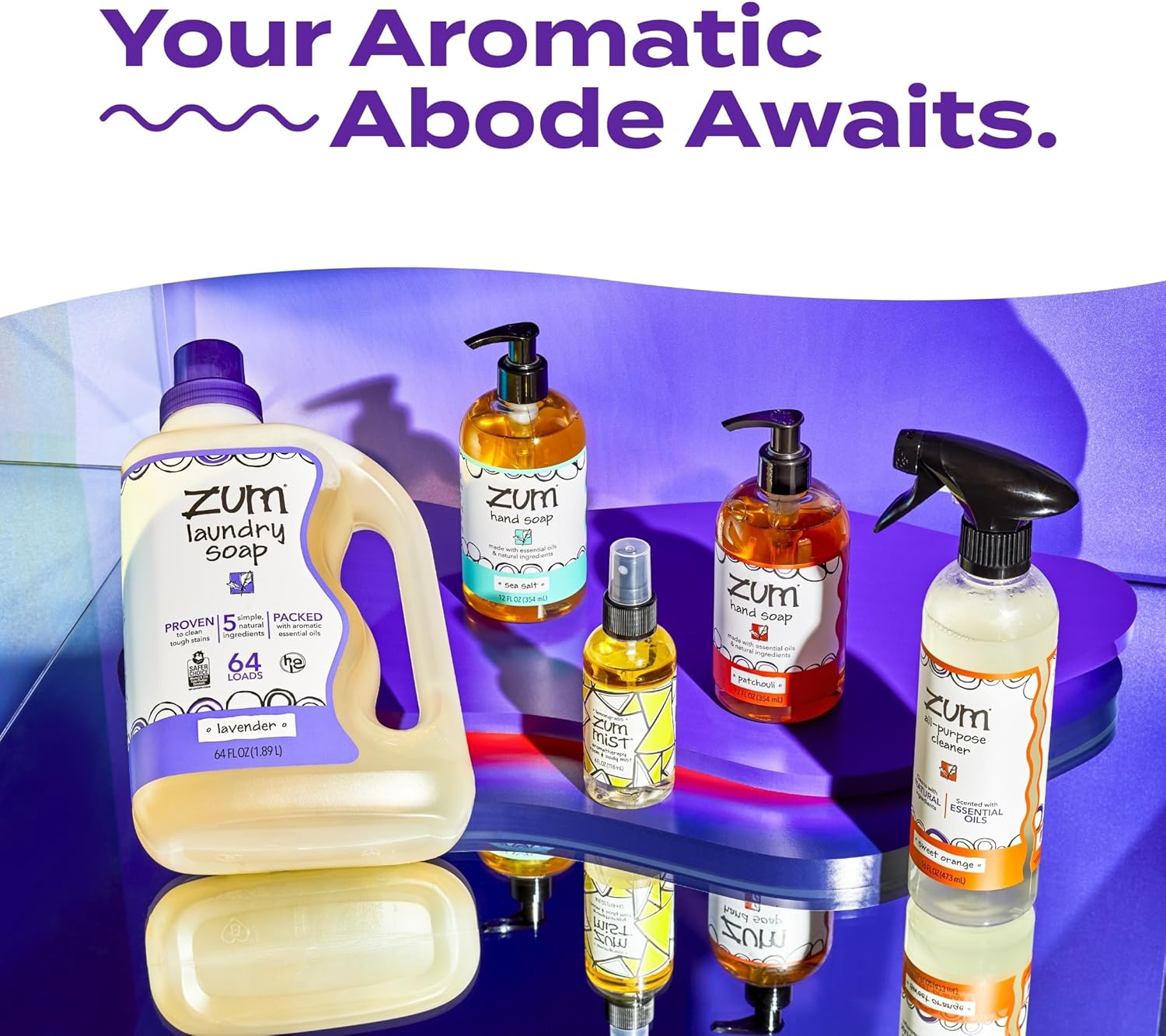 Zum Indigo Wild Home Essentials - Laundry Soap (64 Oz) - Liquid Hand Soap (12 Fl Oz) - Room Spray Air Freshener (4 Fl Oz) - Goat Milk Soap Bar (3 Oz) - Lavender Scent : Health & Household