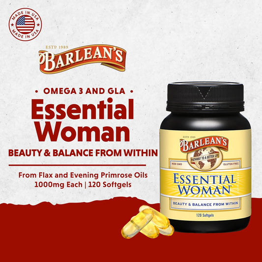 Barlean'S Essential Woman Supplement Capsules, Women'S Flaxseed And Evening Primrose Oil For Hormone Balance, Omega 3 6 9 And Gla Acid, 120 Count