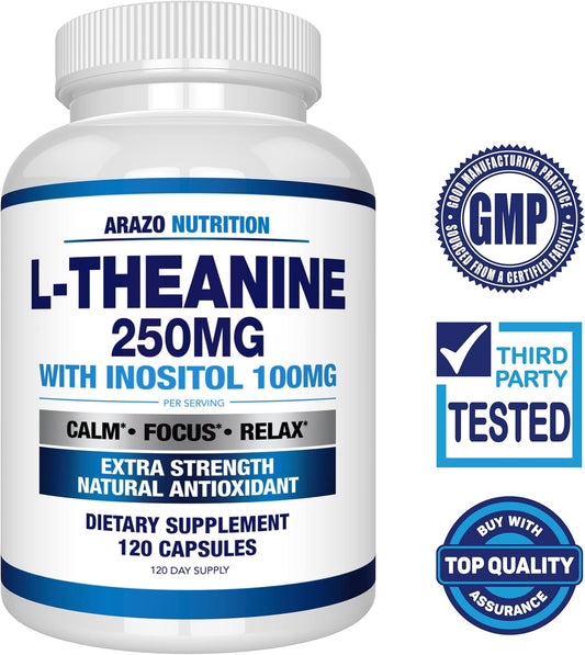 Arazo Nutrition L-Theanine 250Mg (Extra Strength) With Inositol 100Mg, 120 Capsules Vegetarian