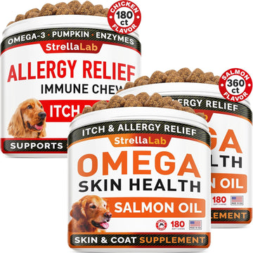 Allergy Relief + Omega 3 Dogs Bundle - Itchy Skin Treatment + Allergy & Itch Relief - Omega 3 & Pumpkin - Dogs Itching & Licking Treats + Relief Skin&Coat Supplement - 540 Chews - Made In Usa